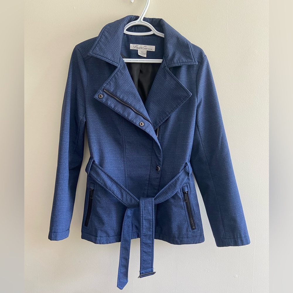 Kenneth Cole New York Belted Moto Jacket Navy Blue Size Medium